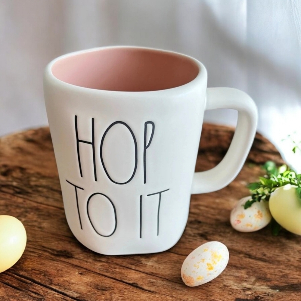 New Rae Dunn ‘Hop To It’ Spring Easter Bunny Ceramic White Pink Mug
